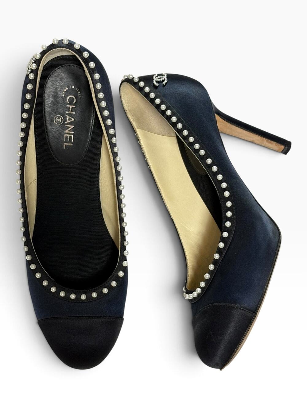 CHANEL Pearl CC Cap Toe Satin Pumps Navy Black Heels Size 37